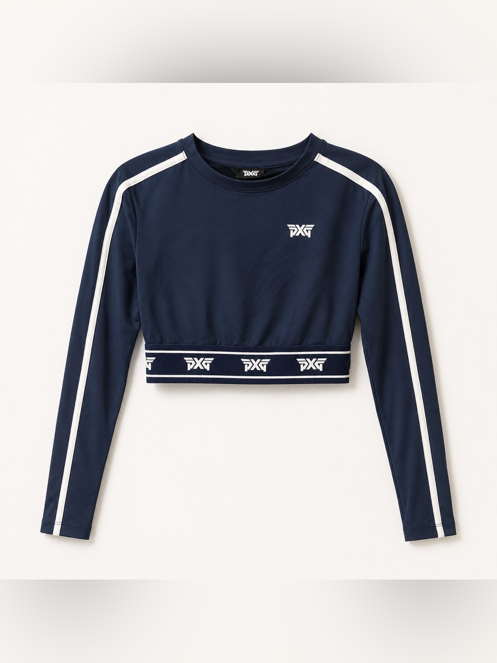 PXG Navy and White Cropped Long-Sleeve Athletic Top, Size Small